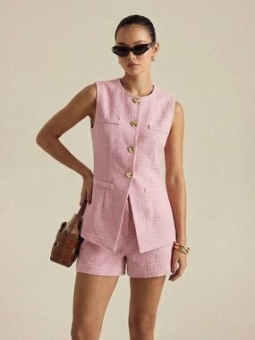 Commense Pastel Pink Tweed Vest and Shorts Set